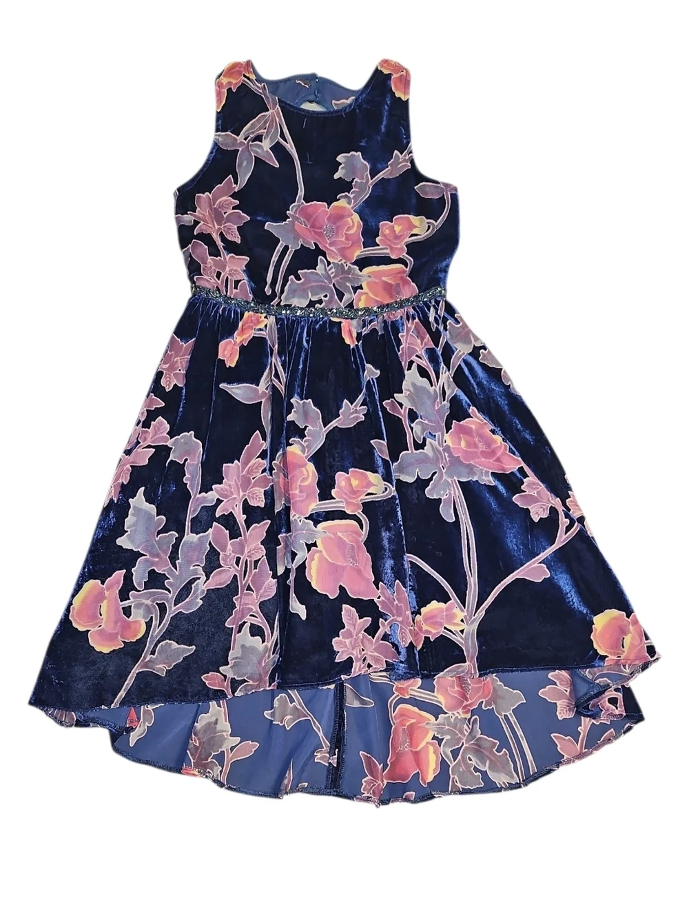 Rare Editions Navy Velvet Dress with Pink Floral Accents Size 8